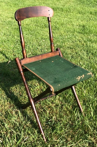 Beautiful 19th Century Antique Folding Camp Meeting Campaign Chair Carpet Seat Cover