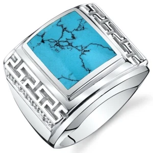 Mens Greek Key Simulated Turquoise Chunky Ring Sterling Silver Sizes 8 To 13 - Picture 1 of 3