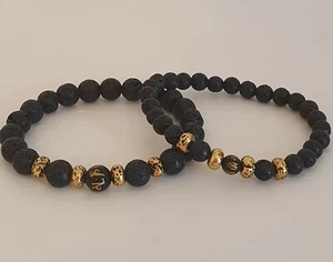Schwarzer Obsidian & Lavastein Om Mani Padme Hum buddhistisches Mantra Armband - Bild 1 von 6