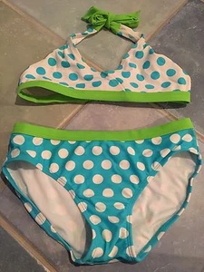 GIRLS BIKINI SET EUC SIZE L 10/12 TURQUOISE WHITE & LIME POLKA DOT AWESOME - Picture 1 of 4