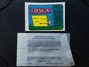 Vintage 1960s Iowa Sticker Decal W/ Wax Paper Cover U.S. State Travel Decor Eph - Picture 1 of 1