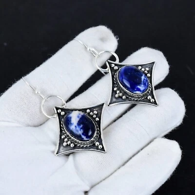 Naturale Sodalite Gemma 925 Argento Sterling Gioielli Fatto Donna Orecchini - Immagine 1 di 4