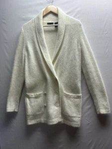 Moda International Women’s M Angora Rabbit Hair Cardigan Sweater White Pockets - Picture 1 of 8