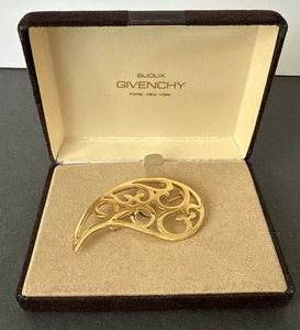 Vintage GIVENCHY Paris New York Gold Tone Paisley Brooch Runway w/ Original Box - Picture 1 of 14