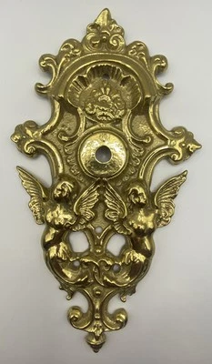 RARO Antiguo Art Nouveau Bronce Doble Ángel Puerta Perilla Placa Trasera 9”x5 1/4” Foto 1 de 4