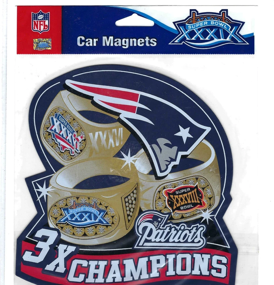 老式新英格兰爱国者队超级碗 XXXIX 3X 冠军 6 英寸汽车磁铁全新带包装 — 第 1/1 张图片