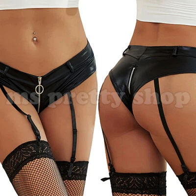 Womens Black Faux Leather Zipper Knickers Suspender Belt Sexy Fetish Vinyl PVC - Image 1 of 4