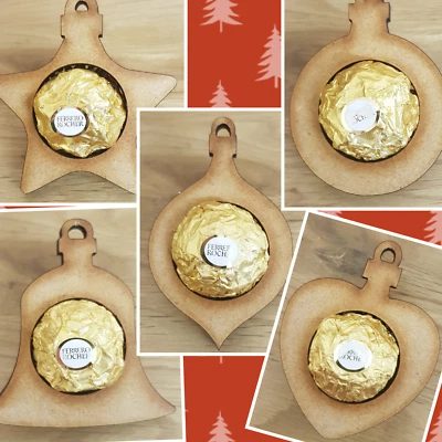FERRERO ROCHER CHRISTMAS TREE BAUBLES FITS CHOCOLATES SET OF 5 WOODEN ORNAMENTS - Image 1 of 4