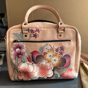 ANNA BY ANUSCHKA Pink Cross Body Purse Leather Floral/birds 4 Zipper Compartment - Picture 1 of 18