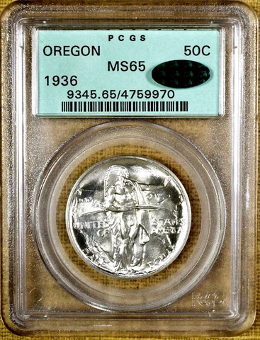 1936 PCGS MS65 Oregon Trail Commemorative - Old Green Holder - 100% White - CAC Cover