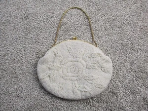 VINTAGE Beaded Round Purse Ivory White Gold Hand Made in Hong Kong Womens EUC - Picture 1 of 8