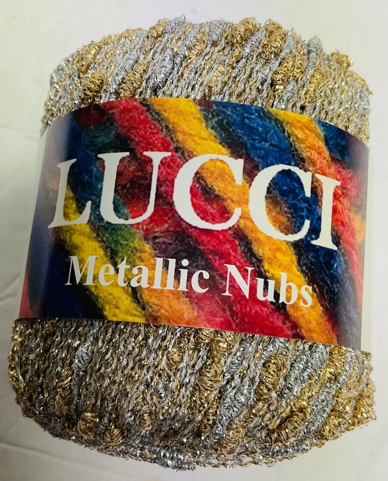 Lucci Yarns Metallic Nubs Unit of 1 Ball Gold & Silver Nubs On Silver Yarn New - Image 1 of 4