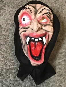Vintage Bulging Eye Ghoul w/ Fang Halloween Custome Scary Mask Hood 1990's Rare - Picture 1 of 4