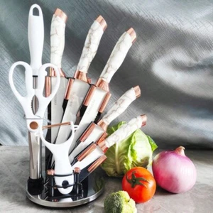 8 - Piece Kitchen Knife Set - Chef,Bread,Steak Knives,Ergonomic,Sharp,Black Gold - Picture 1 of 36