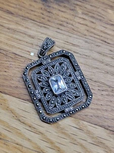 Gorgeous Vintage Art Deco Clear Stone & Marcasite Pendant - Picture 1 of 5