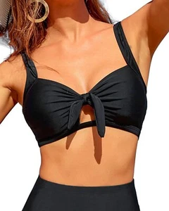 Women Black Bikini Tops Push Up Swim Top Front Tie Knot Bathing Suit Top Padd... - Picture 1 of 6