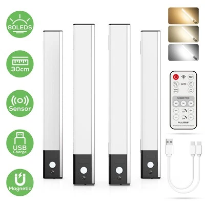 4 Pack Motion Sensor Cabinet Light 80 LED Under Counter Closet Lighting Handwave - Image 1 of 4