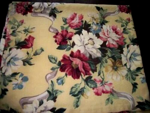 1930s Yellow Barkcloth Fabric Floral Gray Ribbons Vat Dyed Cottagecore 96x42 - Image 1 of 3