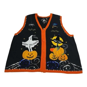 Vintage Holiday Editions Halloween Sweater Vest Womens Sz 3XL Black Cat Pumpkin - Picture 1 of 5