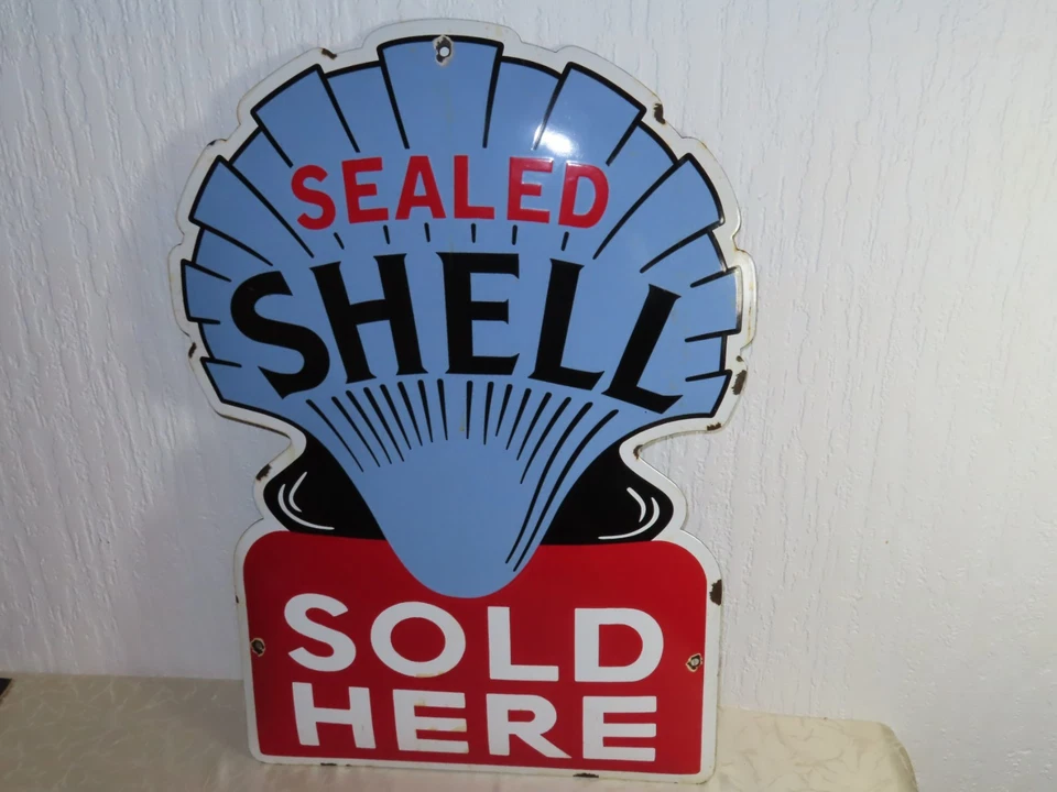 Schild Emailschild Benzin Sealed Shell Sold Here, Werkstatt! - Bild 1 von 4