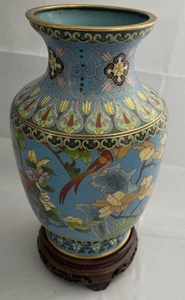 Antike chinesische Cloisonne Vase handgefertigt blau Blume Baum mit Vögeln 9 Zoll - Bild 1 von 9