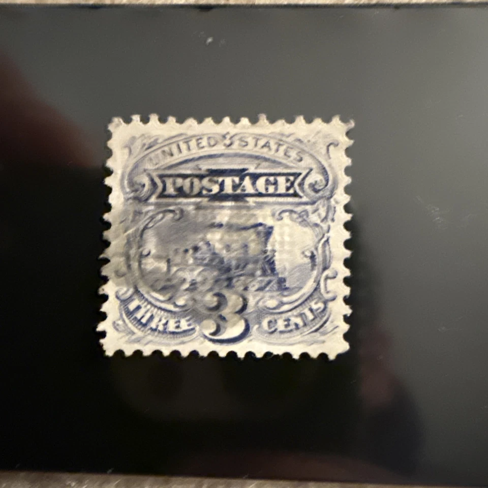 🇺🇸 1869 3¢ Locomotive Pictorial Issue Scott #114 Ultramarine, “F” Grill, Fine - Image 1 of 2