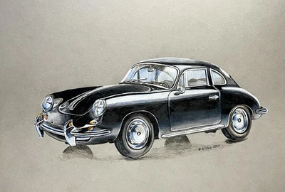 Lápices de colores dibujo artístico original certificado de autenticidad Porsche 356 C 1964 realismo coche 12"x16" Foto 1 de 4