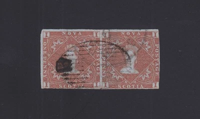 NOVA SCOTIA: Scott #1 1p Red Brown USED - PAIR Cat $1050.00+ - SOUND - Image 1 of 2