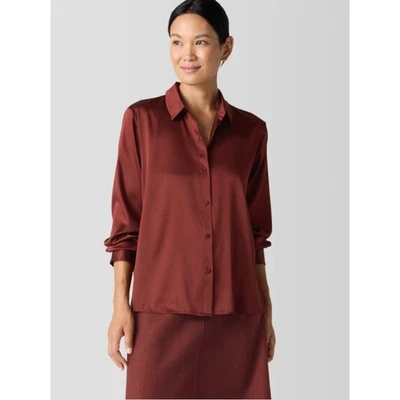 Camisa Eileen Fisher de Seda con Botones Elastizada Charmeuse Clásica Redwood Marrón L Foto 1 de 4