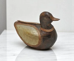 Vintage Wooden Duck Bird Figurine Original Old Hand Carved Brass Fitted - Picture 1 of 7