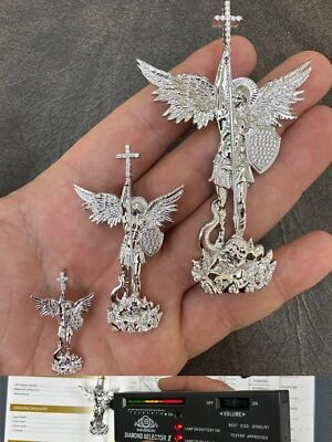 MOISSANITE Real Solid 10k White Gold Saint Michael Slaying Dragon Pendant - Image 1 of 4