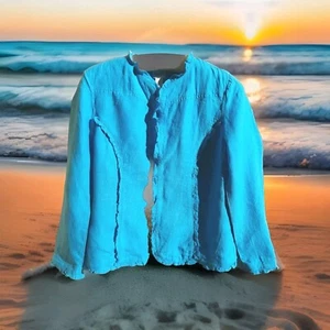 NWT Chico's Size 2 Linen 100% Ruffle Jacket Large Turquoise Blue - Picture 1 of 15