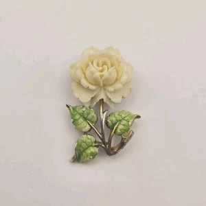 Vintage JJ Jonette Schmuck Brosche weiß rose Emaille goldfarben Rose Blume - Bild 1 von 8