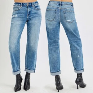 RISEN High Rise Ankle Boyfriend Distressed Jeans PGA21013 - Picture 1 of 10