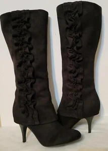 Fergalicious by Fergie Tall Black Ruffle Party Favor Boots Size 9 Pre-Owned - Picture 1 of 6