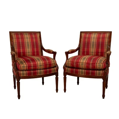 Sillones estilo Louis LXI vintage Henredon para Marshall Fields a cuadros - un par Foto 1 de 4