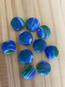 10 BLUE GREEN SWIRL  ROUND DISC  LAMP WORK Glass Beads 15mm Jewelry making DIY