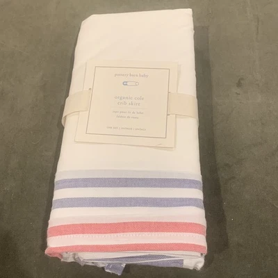 Pottery Barn Baby Cole кроватки юбка новый органический хлопок красный синий полоски новый с Ярлыками PBK - Изображение 1 из 4