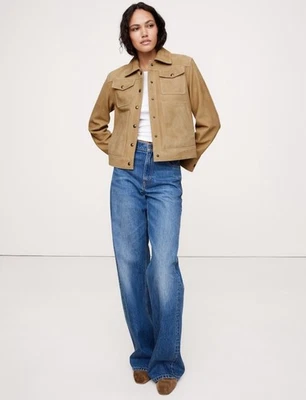 Banana Republic L GRANDE Chaqueta de Camionero de Gamuza Relajada $500 Abrigo de Cuero Suave Tostado Foto 1 de 4