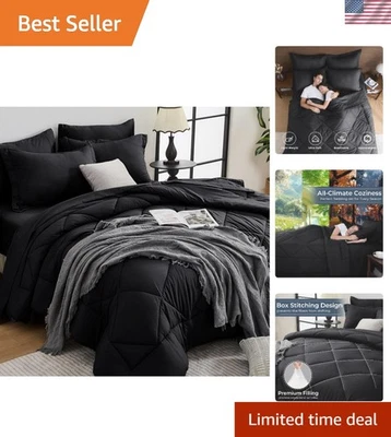 Luxuoso Conjunto de Edredom Queen 7 Peças - Roupa de Cama Preta Ultra Macia Essencial - Imagem 1 de 4