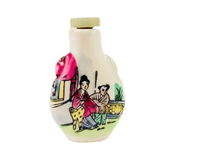 Antigua botella de tabaco china ~ porcelana pintada a mano con tapa de piedra de jade natural Foto 1 de 4