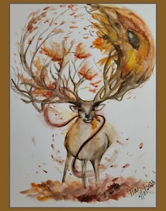 Impresión o Lienzo - Ciervo Místico en Hojas de Otoño - Acuarela - Arte Original - Imagen 1 de 1