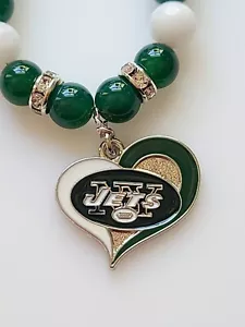 New York Football Armband Jets grüner Achat & weiße Jade Strass Silberverschluss - Bild 1 von 12