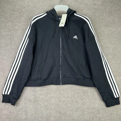 Adidas Womens Full Zip Hoodie Black White 3 Stripes Track Sweatshirt XL NWT $55 - Image 1 of 4