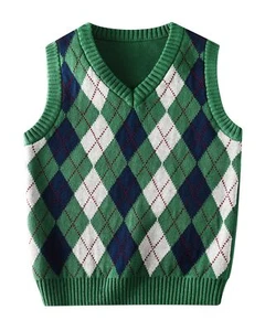 Boy's School Uniform V-Neck Cable Front Color Block Plaid Sweater Vest Green - Picture 1 of 6