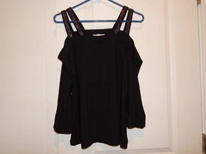 PERSEPTION CONCEPT SCHWARZES SHIRT LANGARM OFF SHOULDER PAILLETTEN TRÄGER GR. L - Bild 1 von 9