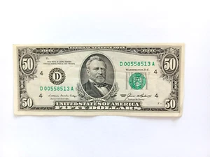 1985 $50 Fifty Dollar Bill Federal Reserve Note, US Serial # D00558513A - Picture 1 of 2