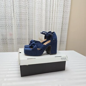 New Ana Holland Denim Blue Jean Platform Heel Sandals 8.5 Ankle Buckle Shoes - Picture 1 of 14