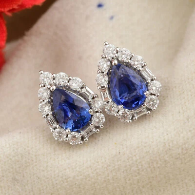 2.36 Tcw Lab Grown CVD Diamond Blue Sapphire Pear Stud Earrings 18k White Gold - Image 1 of 4