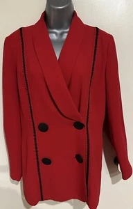 Vintage Frank Usher Red with Black Trim Crepe Blazer Jacket Label Size 12 - Picture 1 of 18